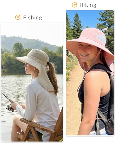 Women Sun Hats UV Protection Wide Brim with Bucket Ponytail Hole - color: Beige