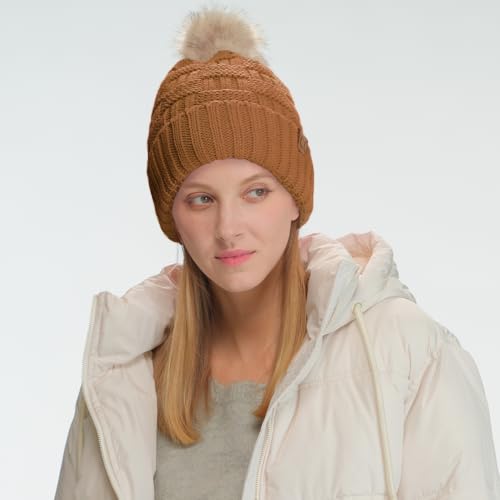 C.C Knit Beanie Hat – Fuzzy Fleece Lined Warm Winter Hat, Faux Fur Pom Soft Stretchy Slouchy Knit Cap, Cold Weather Beanie - color: Clay