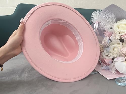 Fashion Men & Women Wide Brim Fedora Hats with Ring Belt Buckle Adjustable Church Dress Floppy Panama Hat Derby Cap - color: Pink