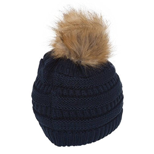 Gravity Threads Cable Knit Faux Fur Pom Pom Beanie Hat - color: Navy