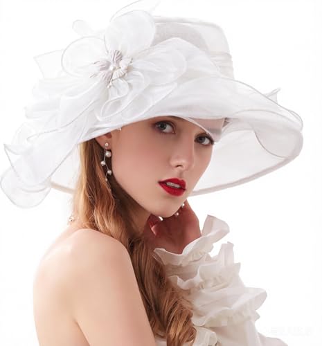Organza Fascinator Hat - Women’s Wide Brim Church Bridal Tea Party Wedding Hat - color: 02a-white