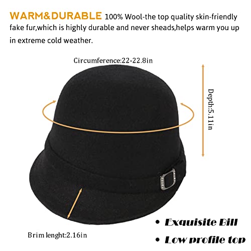 Winter Cloche 100% Wool Bucket Hat for Women Elegant Dress 1920s Vintage Fedora Hats Church Derby Party Fashion - color: 2black