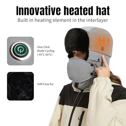 Heated Trapper Hat with 5V Rechargeable Battery, Warm Faux Fur Hunting Hat Outdoor Windproof Winter Hat for Men and Women - color: Dark Gray