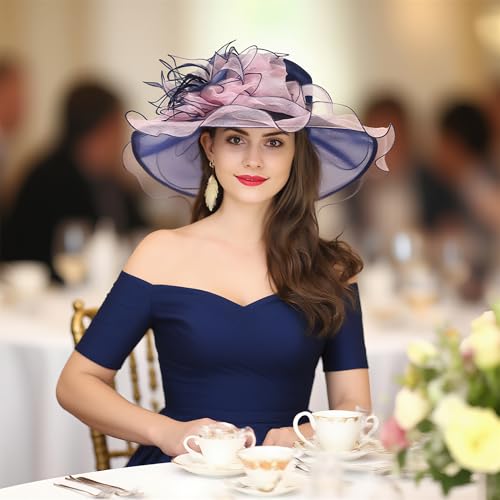 SAFERIN Women's Organza Church Fascinator Bridal Tea Party Wedding Hat - color: 2867-navy and Pink