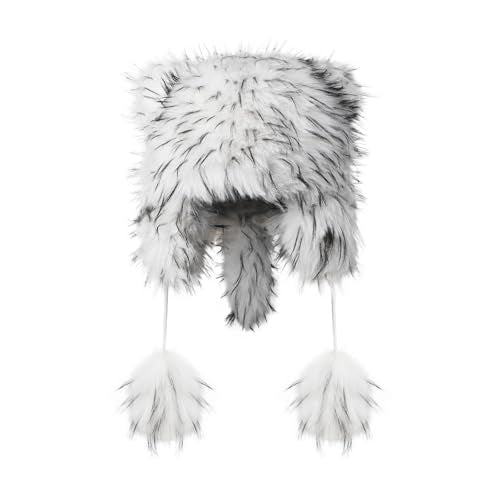 Raccoon Tail Parent-Child Plush Hat Warm Faux Fur Animal Hat with Tail - color: Adult Style-white