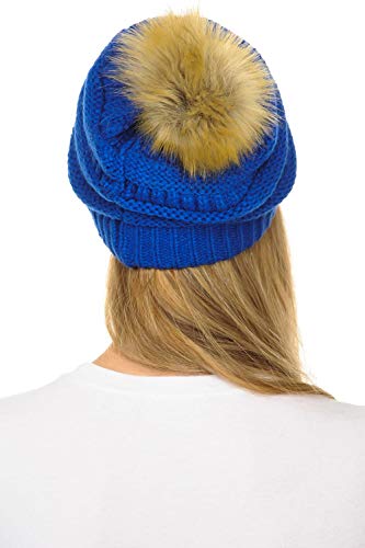 C.C Hat-43 Thick Warm Cap Hat Skully Faux Fur Pom Pom Cable Knit Beanie 2 Pack - color: Royal