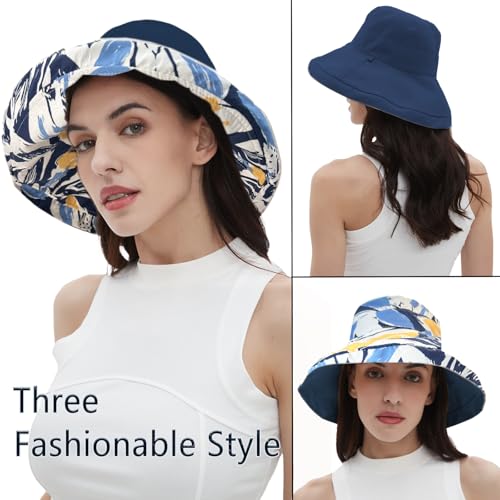 vidsel Womens Sun Hats Wide Brim Reversible Bucket Cotton Hat with Hat Clip - color: Navy Blue2, size: Medium