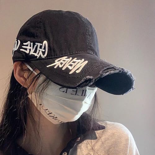 Never Give Up Embroidered Distressed Cap, Snapback Baseball Hat for Men & Women, Adjustable Dad Hat, Casual Outdoor Cap - color: Denim Black