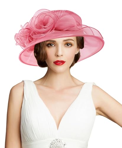Women's Kentucky Derby Church Dress Hat Wide Brim Leaf Flower Bridal Shower Hat - color: A5-rose