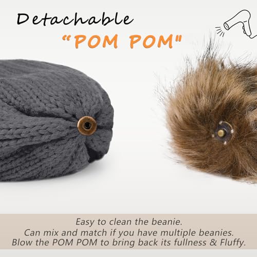 ZOORON Womens Winter Knitted Beanie Hat with Faux Fur Pom Beanie Warm Knit Skull Cap Beanie for Women - color: 1pack Dark Grey