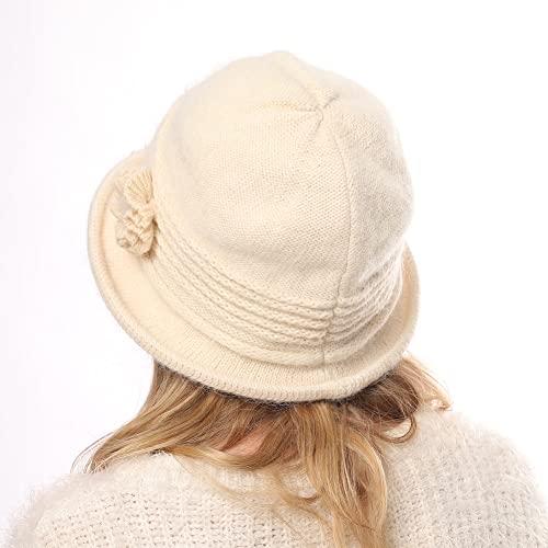 Winter Fall Knit Cloche Hat Church Bucket Hat Vintage Beanie Hat Round Brim Warm Hat Flower Bowler Hat for Women Ladies Beige - color: Beige