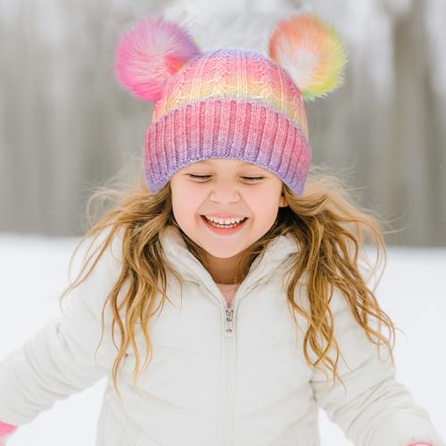 Girls Rainbow Pom Pom Beanies Hats Winter Knit Fleece Lined Beanie Hat for Kids Outdoor Snow Ski Skull Cap Age 7-12 - color: Pompom-multi Rainbow(fleece Lined)