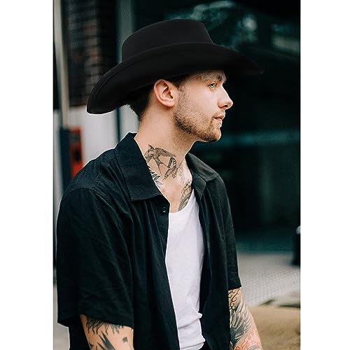 Cowboy Hat Water-Resistant Felt Hats 100% Wool Wide Brim Western Panama Rancher Hat for Women Men - color: Black 01-cowboy Hat, size: 7 1/8