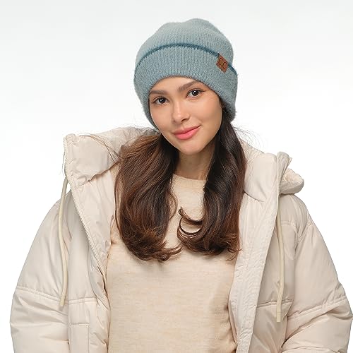 C.C Fuzzy Beanie for Women Unisex - Acrylic Stretchable Soft Warm Knit Winter Skully Hat - color: Feather Yarn-dusty Blue