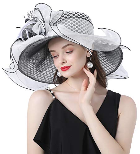 Z&X Women Organza Church Derby Hat Wide Brim Sun Hats for Wedding Tea Party Fascinator Hat, Dual-use - color: 2001- Black and White