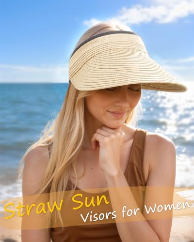 Sun Visor Hats for Women, Summer Straw Beach Ponytail Hat - color: Beige
