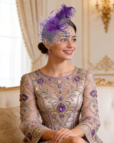 Zinniday Victoria Fascinators Hats for Women - 2026 Kentucky Feather Mesh Derby Hat 1920s Tea Party Headwear for Church - color: Purple