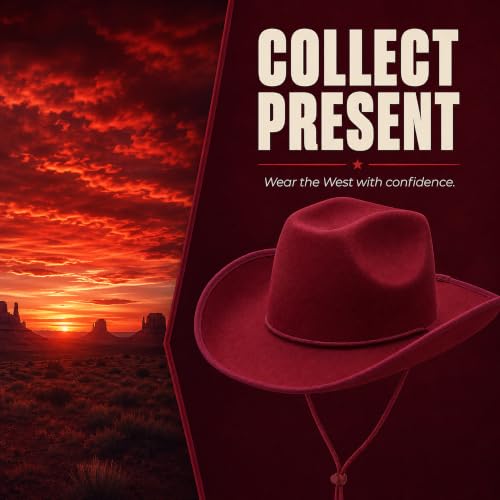 COLLECT PRESENT Plain Felt Cowboy & Cowgirl Hat for Men and Women | Western Studded Cowboy Hat in Adult Sizes - color: Red Wine