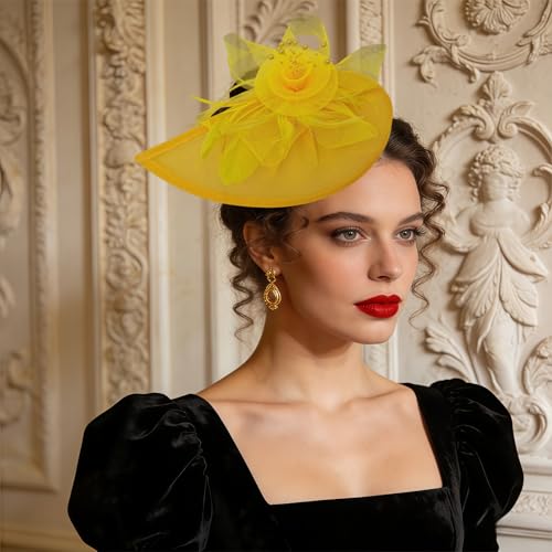 Women Vintage Fascinator Hat Flower Feather Mesh Headband Clip Pillbox Headwear for Wedding Tea Party - color: 02 Yellow