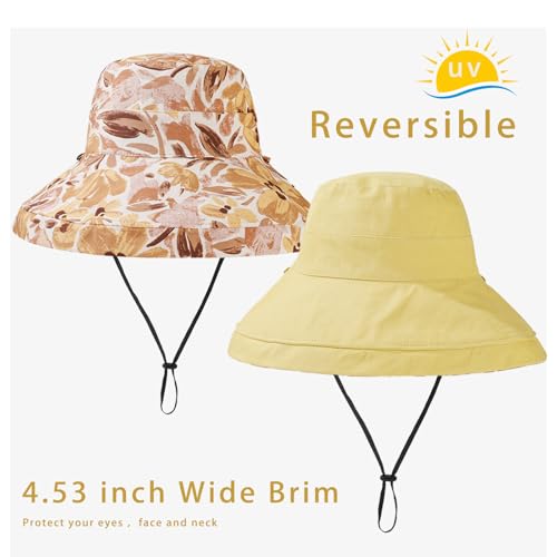 vidsel Womens Sun Hats Wide Brim Reversible Bucket Cotton Hat with Hat Clip - color: Yellow, size: Medium