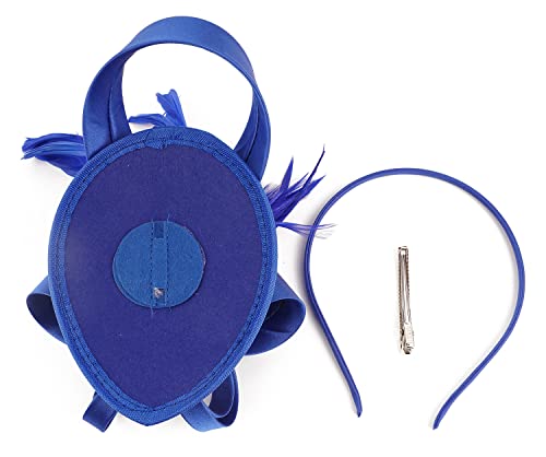Kentucky Derby Fascinators for Women High Tea Party Hat Wedding Cocktail Flower Headware with Mesh and Feathers - color: Y-blue