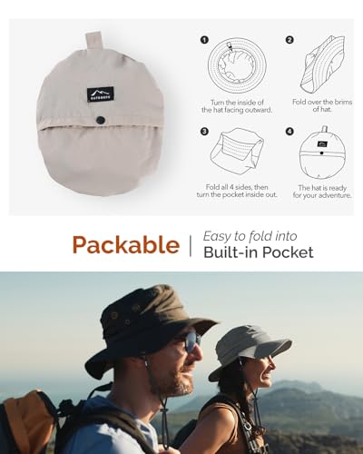 Hat Hut Mens Waterproof Bucket Rain Hat, UPF50+ Sun Hat, Wide Brim, Packable, All-Weather Outdoor Hiking Fishing Hats - color: Beige