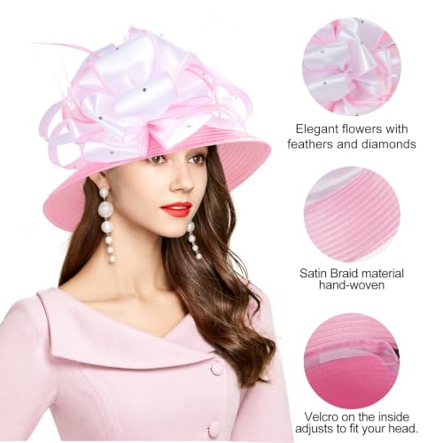 2026 Bucket Hats for Women Ladies Girls, Autumn Winter Fascinator Hat for Derby Kentucky Church Bridal UV Protection - color: A-4585b-pink/White