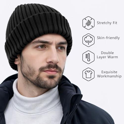 HONGTEYA 3 Pack Winter Beanie for Men Women, Thicken Thermal Plush Lined Beanie Fashion Warm Knit Hat for Cold Weather - color: Black+white+camel