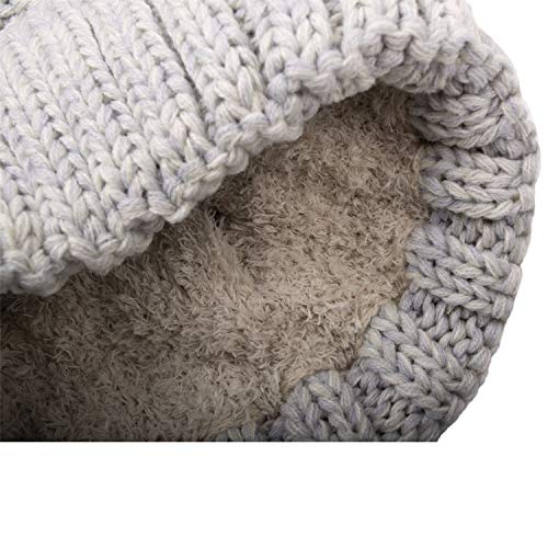 C.C Thick Cable Knit Faux Fuzzy Fur Pom Fleece Lined Skull Cap Cuff Beanie - color: 2 Tone Lt Gray
