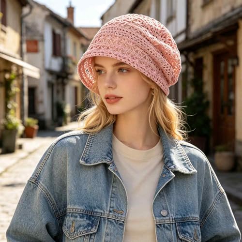 Women's Sparkly Lace Beanie Hat for Women, Lightweight Breathable Knit Skull Cap,Fashion Slouchy Beanie - color: Pink 006