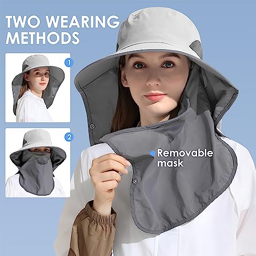 Outdoor Sun Hat Detachable Neck Face Flap UPF 50+UV Protection Visor Fishing Hats with Neck Flap for Men & Women - color: Light Grey
