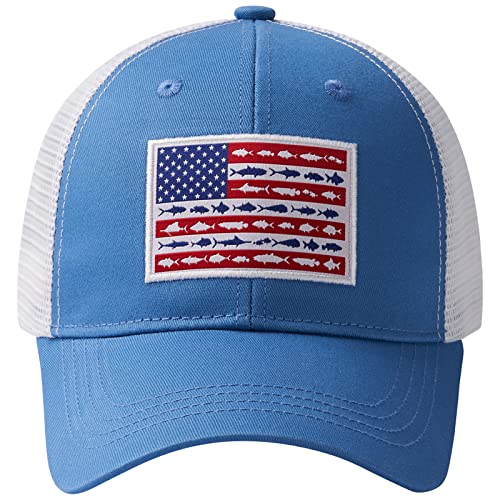 BASSDASH Altimate Fishing Hat Mesh Back for Men Women Adjustable Baseball Trucker Cap - color: Marina Blue/Fish Flag