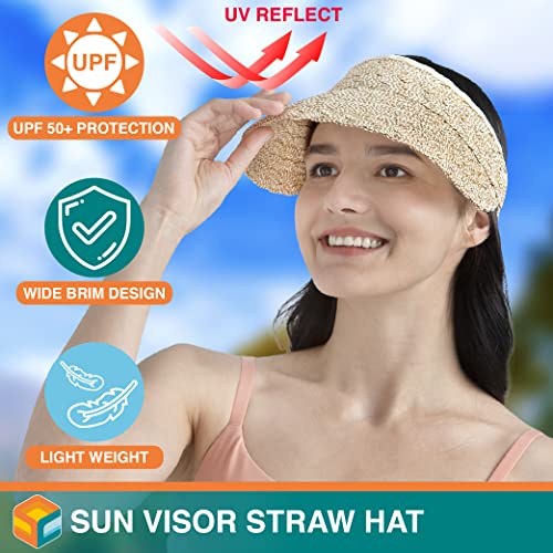 SUN CUBE Women Sun Visor Hat, Straw Beach Hat Wide Brim UV Protection, Foldable Packable Cap, Roll Up Ponytail Summer Visor - color: Brown & Cream