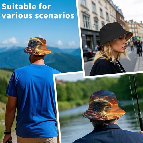Amasnay Funny Bucket Hat Cotton Double-Side-Wear Reversible Sun Hat for Women Men, Summer Vacation Travel Beach Fisherman Hat - color: Gold Eagle American Flag