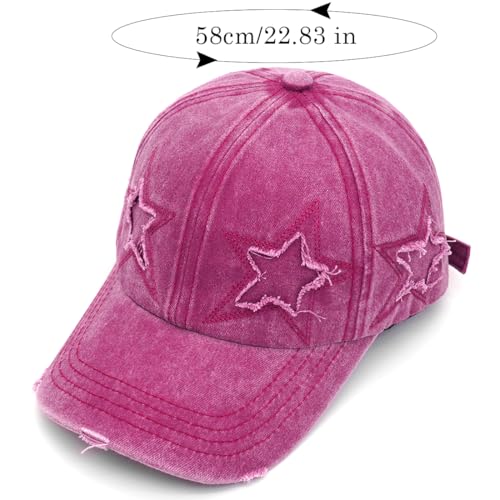Retro Washed Distressed Baseball Cap with Five Pointed Stars for Women Men - color: Rose Red
