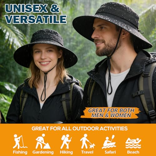 Men's UPF 50+ Waterproof Wide Brim Boonie Hat, Sun & Rain Protection - color: Black
