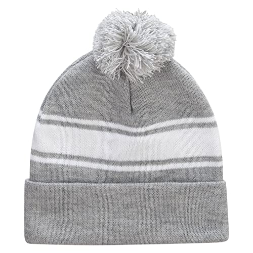 e4Hats.com Striped Pom 12 inch Cuff Long Beanie - color: Heather Grey White