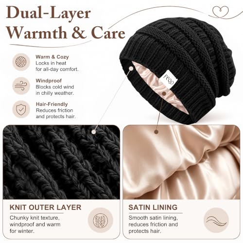 FEQO 4 Pack Satin Lined Beanies Slouchy Beanie Oversized Cable Knit Caps - color: Black, White, Light Grey, Oatmeal