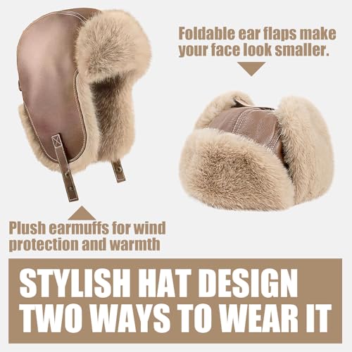 Winter Trapper Hat for Men & Women - Leather with Ear Flaps, Waterproof Windproof Hat, Fleece Lined Beanie for Cold Weather - color: Khaki