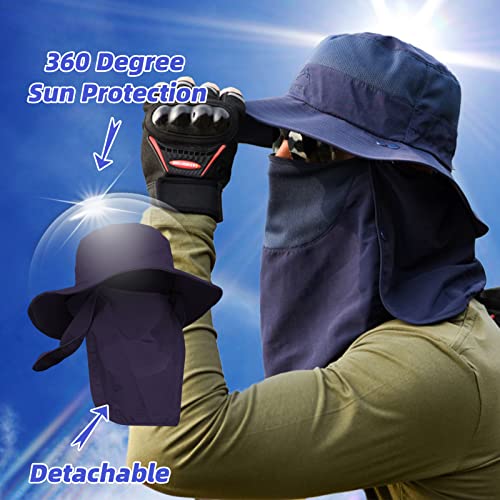 Fishing Hat for Men Sun Protection Hat with Removable Neck Flap Face Cover - color: Navy Blue