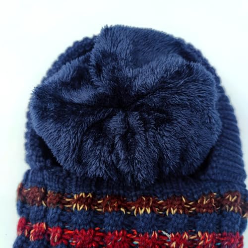 HUAMULAN Women Winter Knit Beanie Hats One Piece Fleece Lined Balaclavas - color: Navy + Colorful Stripe