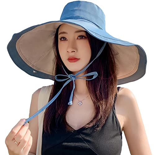 HUAMULAN Women Summer Vacation Wide Brim Sun Hat Reversible Fishing Hats - color: Bluebeige