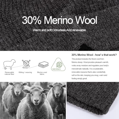 M/L/XL/XXL Merino Wool Beanie for Men & Women, Oversize Fleece Lined Warm Winter Double Layered Stylish Knit Cuffed Ski Hat - color: Black Grey Mix, size: X-Large-XX-Large