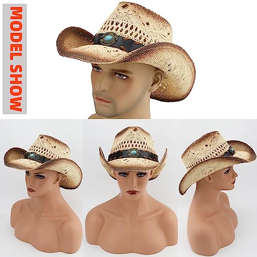 Pro Celia Men Women Cowgirl Straw Western Cowboy Hat - color: Blue Stone-beige
