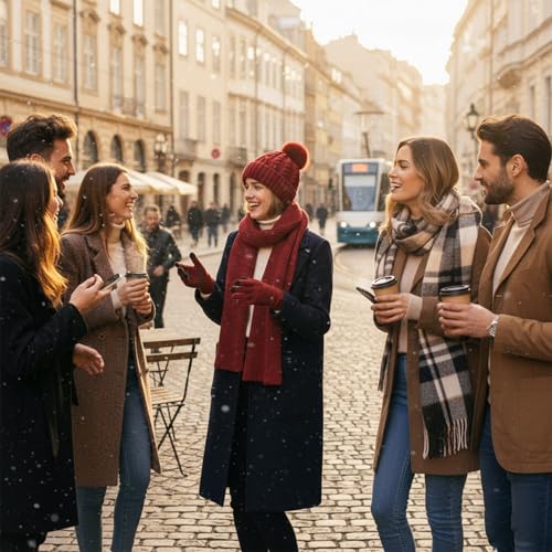 HUAMULAN Women Winter Knit Beanie Hat Circle Scarf Set Pompoms Ear Flaps - color: Wine Red With Scarf and Gloves