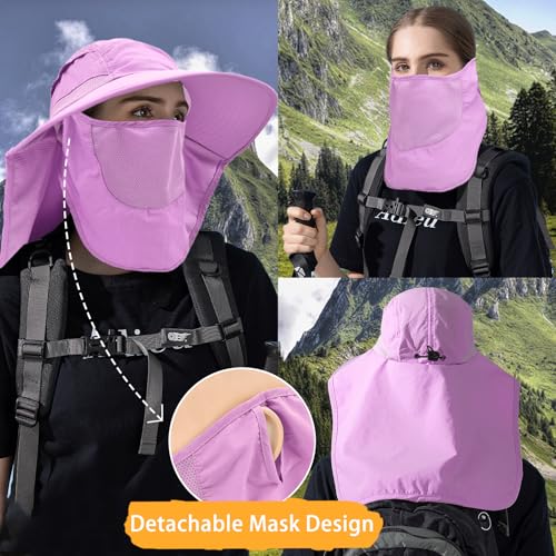 Sun Hats for Men Women Detachable Face Cover Wide Brim Fishing Hats with Neck Flap UPF 50+ Outdoor Safari Hats - color: Purple