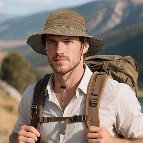 Clakllie Waterproof Fishing Hat Safari Cap Wide Brim Sun Hat Bucket Cap for Women Men Daily Wear Fashion Boonie Cowboy Caps - color: Khaki-xt05