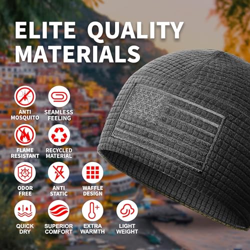 OUTDOOR SHAPING Grid Fleece Beanie with American Flag Embroidery Waffle Skull Cap - color: Black