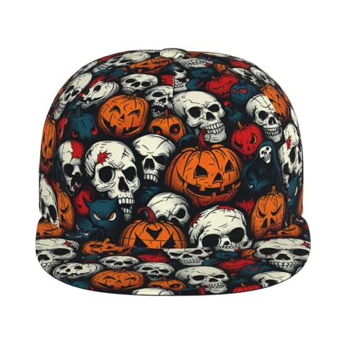 Skull Snapback Hat for Men Women, Stylish Flat Bill Hat Baseball Caps Adjustable Flat Brim Hip Hop Trucker Hats Sun Cap - color: Skeletons and Pumpkins 11
