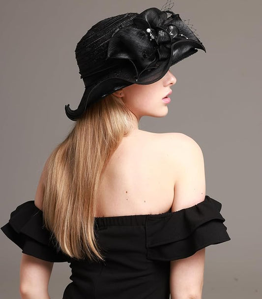 Women's Organza Derby Fascinator Hat Cloche Bowler Hat Cocktail Tea Party Wedding Sun Hat - color: J-black